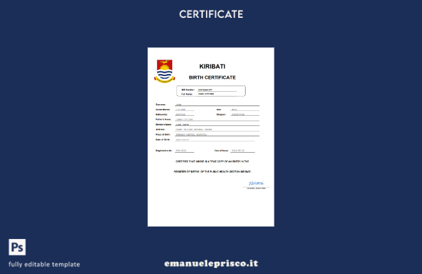 certificato di nascita Kiribati in stile verificato modello Word e PDF